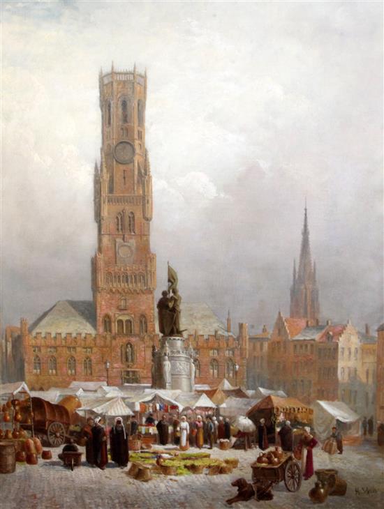 Henry Schafer (19th C.) The Market Square, Bruges 36 x 28in.